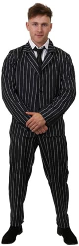 Mens Halloween Costume - Black Pinstripe Suit & Trousers, Spiv Tash and Fake Cigar - Adults Halloween Fancy Dress Costume