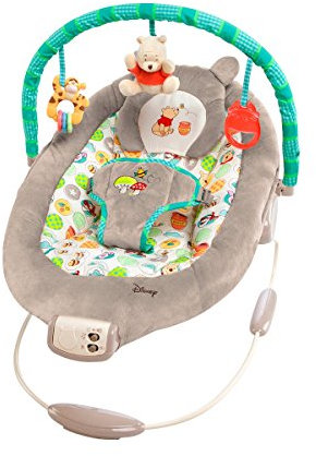 Bright Starts Disney Bébé Winnie l'Ourson Transat Bébé Vibrations Apaisantes Deluxe - Simili Daim, Musique, Barre de Jouets Amovible, 0-6 Mois 6-9 kg (Dots & Hunny Pots)