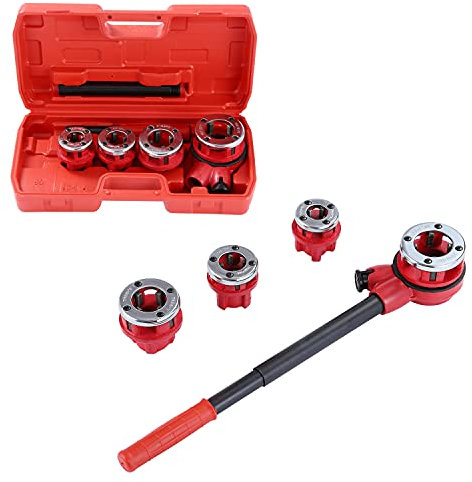 Klempner-Rohrgewinde-Kit Manuelles Einfädler-Set aus Stahl für Sanitärinstallationen mit 4 Matrizen 1/2 3/4 1 1-1/4 für die Installation von Wasser- und Gasleitungen KATSU 318504