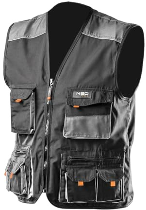NEO TOOLS Weste Arbeitsweste Größen S-XXL | Grau/Schwarz, Arbeitsbekleidung Berufskleidung, Weste aus starkem Oxford-Stoff, Reflexionsweste (L)