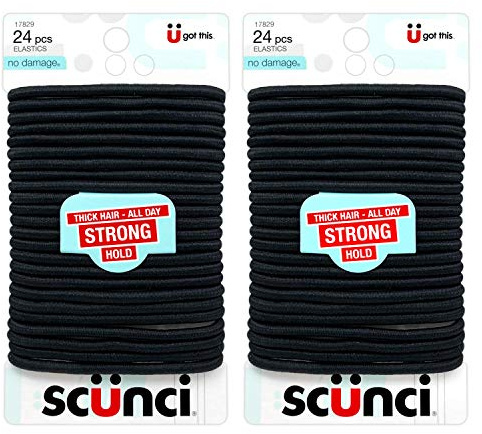 Scunci Thick Hair Black Elastics, All day strong hold No-Damage, 5mm thickness, 24-Pieces per pack (2-Pack)