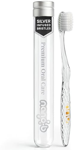 Nano-b Manual Toothbrush for Adults with Sensitive Gums, Silver Soft/Medium Bristles, Travel Case, Crystal