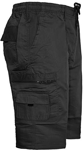 MENS CARGO COMBAT PLAIN LONG SHORTS ELASTICATED WAIST SUMMER POLYESTER SZ 30-40[Black ,XL]