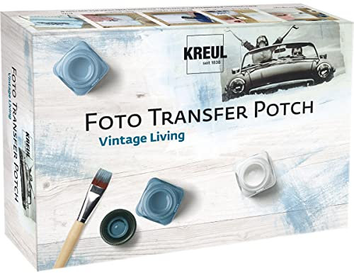 KREUL 49990 - Foto Transfer Potch Set Vintage Living, 20 ml Potch, 3 x 20 ml Acryl Mattfarbe und Pinsel, zum Übertragen von Ausdrucken, Zeitungsausschnitten und mehr auf verschiedene Untergründe