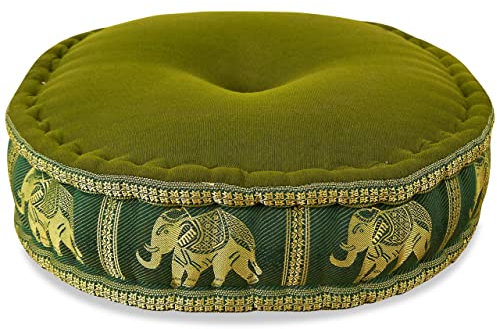 livasia Meditationskissen mit Thaiseide - Ø 45x15cm - Yogakissen mit Kapok, Pouf, Bodenkissen für Yoga und Zen Meditation, Sitzkissen für Garten und Balkon, Zafukissen (Grün/Elefanten Seide)