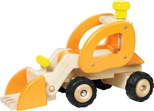 goki 55962 - Radlader aus Holz, Baustellenfahrzeug in gelb, lenkbar und mit Gummireifen, bewegliche Schaufel, perfekt zu Hause und im Kinderzimmer, Maße 31 x 14 x 21 cm, ab 3 Jahre