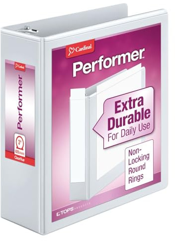 Cardinal 3-Ringbuch, 7,6 cm Performer ClearVue Binder, runde Ringe, 625 Blatt Kapazität, anpassbare ClearVue Abdeckungen, PVC-frei, weiß (67524)