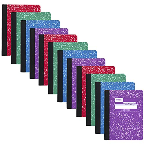 Mead Composition Notebook, 12 Pack, Wide Ruled Paper, 7-1/2 x 9-3/4, 100 Sheets per Comp Book, Colors Will Vary (963759)