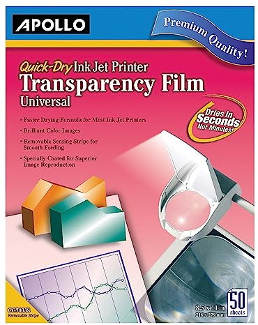 Apollo Transparency Film for Inkjet Printers, Universal, Quick Dry, 50 Sheets/Pack (VCG7033S)