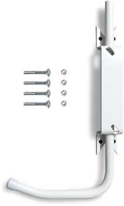 Bloque contraventana izquierda blanco: parada de persiana con asa para abrir y cerrar fácilmente todas las contraventanas abatibles sin colgarse. Bloqueo de las contraventanas abiertas. Facilidad y seguridad a diario. Lado izquierdo vista del interior. Contraventana que abre hacia la izquierda.