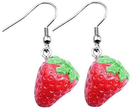 Treuheld® | ERDBEEREN OHRRINGE/Ohrhänger - süße Erdbeere Hänger fürs Ohr | OBST rot ausgefallene Ohrringe Frucht FRÜCHTE strawberry ROCKABILLY DAMEN Kostüm Karneval Fasching EDELSTAHL silber