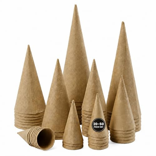 Creativ Papier Mâché Craft Cones – 20 to 50 Assorted Sizes – Cardboard Cones for Modelling Clay, Air Dry Clay, Crepe Paper & DIY Craft Projects