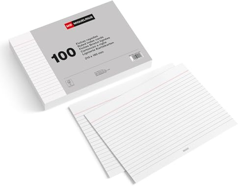 Miquelrius - Weiße Linierte Karteikarten 100 Stück, 215 x 160 mm | Extra große Lernkarten aus 180 g/m² Offsetpapier für Notizen, Skizzen, Projekte und Präsentationen