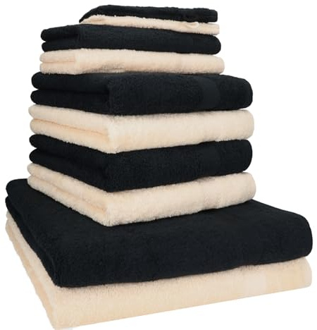 Betz 10-TLG. Handtuch-Set Premium 100% Baumwolle 2 Duschtücher 4 Handtücher 2 Gästetücher 2 Waschhandschuhe Farbe Schwarz & Beige