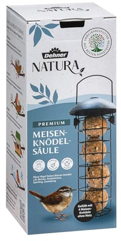 Dehner Natura Premium Wildvogel Futtersäule, Meisenknödelsäule gefüllt, inkl. 4 Meisenknödel, ganzjähriges Wildvogelfutter fettreich / energiereich, hochwertiges Vogelfutter für Wildvögel,ca. Ø 7 cm