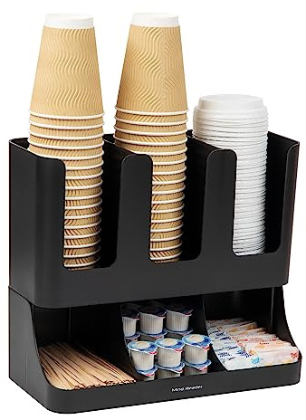 Mind Reader Cup and Condiment Station, 13 Inch Countertop Coffee Bar Organizer with 6 Compartments, Storage Caddy for Cups, Lids and Packets, Plastic, Black
