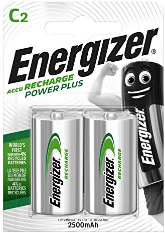 Energizer Recharge Power Plus - Rechargeable C Batteries (2 Pack) - 2500 mAh NiMH Battery - Toys, Radios, Torches - 100% Recyclable Plastic Free Packaging