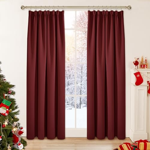 Deconovo Set of 2 Modern Living Room Curtains 50% Blackout Kitchen Thermal Anti-Cold Insulation Ruffle Tape 117 x 138 cm Dark Red