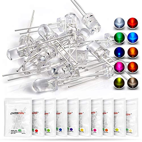 CHANZON 100pcs 5mm LED Diode Lights Assortment 10 Colors x 10pcs Diodes (Clear Transparent Lens) Emitting Lighting Bulb Lamp Assorted Kit Variety Color White Red Yellow Green Blue Orange UV Pink