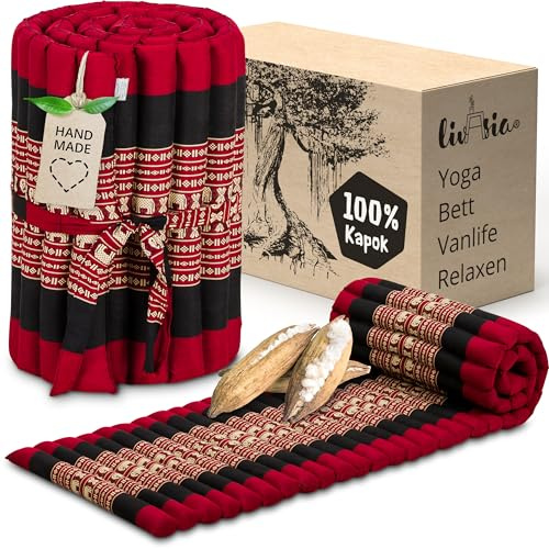 livasia Rollmatte Rollmatratze S schmal - 200x50x4,5cm - Gästebett Gästematratze 1 Person mit Muster, Reisebett Kofferraum outdoor, Thaimatte Kapok für Garten Balkon handgefertigt (Rot/Elefanten)