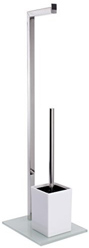 MSV Bad Serie Sydney Stand WC Garnitur aus Edelstahl und Glas mit herausnehmbaren Innenbehälter für die WC Bürste Weiß