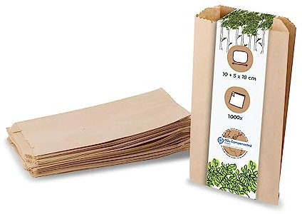 BIOZOYG Bio Papierbeutel Brötchentüten Faltenbeutel Papier-Tüten kompostierbar I Biologisch abbaubare Tüten für Brötchen Semmel Backwaren I 1000 Bäcker-Beutel Flachbeutel braun 10x5x18,5 cm