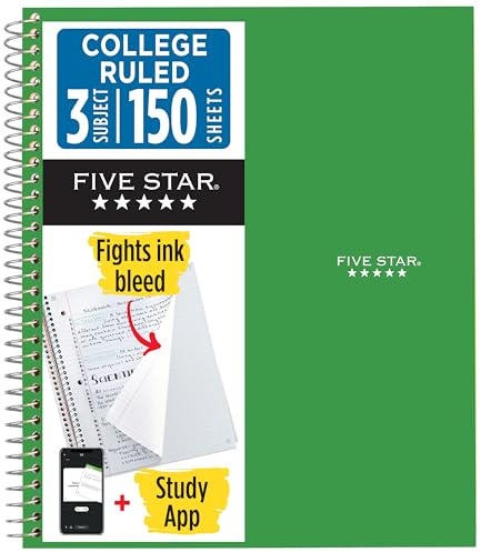 Five Star Spiral Notebook + Study App, 3 Subject, College Ruled Paper, 8-1/2 x 11, 150 Sheets, Fights Ink Bleed, Water Resistant Cover, 150 Sheets, Forest Green (72067)
