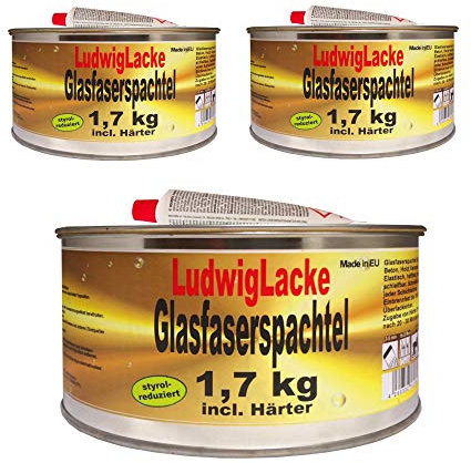 LudwigLacke Glasfaserspachtel 3 x 1,7 kg – Glasfaser Reparaturspachtel für Auto, GFK, Karosserie, Boot, Holz & Metall – inkl. Härter