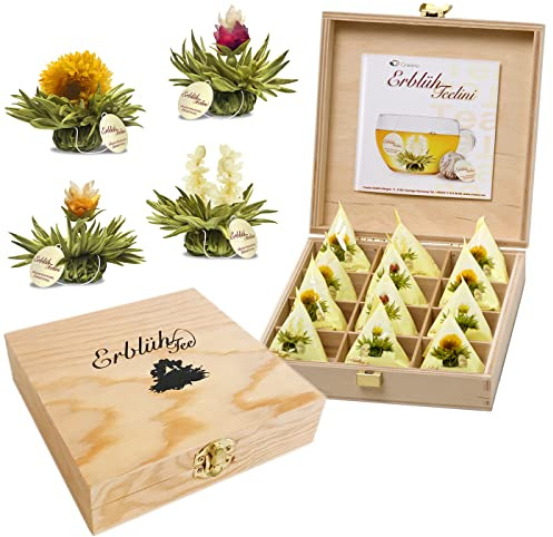 Creano Coffret Teelini 12 pcs – Boîte en Bois avec Fleurs de Thé Blanc en Portion de Tasse – 4 Saveurs Délicates – Idée Cadeau Durable, Femme & Bureau