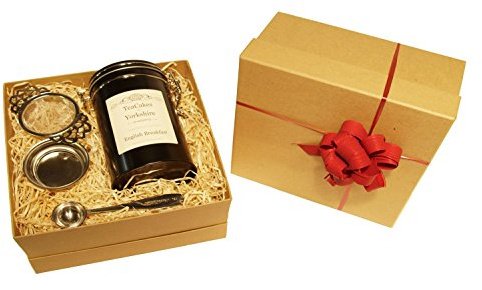 English Breakfast Tea Gift Set Black Loose Leaf Tea Wrapped 100g in Caddy with Tea Strainer and Measuring Spoon by TeaCakes of Yorkshire