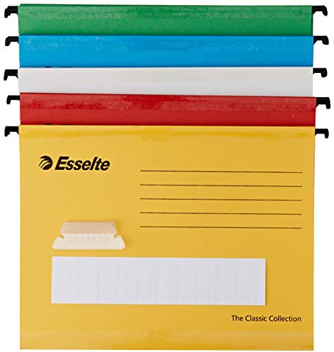 Esselte 93042 - Carpeta Colgante Reforzada, Tamaño A4, Cartón Kraft Reciclado, Visor de Plástico Transparente, Colores Surtidos, Classic, Caja de 10, Resistente Gracias a la Cinta de Refuerzo