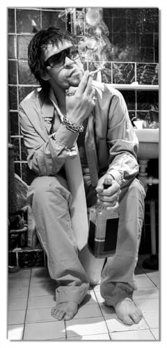 Wallario Selbstklebende Türtapete Kloparty - Sexy Mann auf Toilette mit Zigarette SW - Türposter 93 x 205 cm Abwischbar, rückstandsfrei zu entfernen