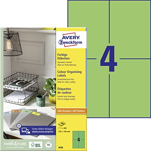 AVERY Zweckform 3458 Grüne Etiketten (400 Aufkleber, 105x148mm auf A4, permanent haftend, selbstklebende Farbetiketten, Papier matt, bedruckbare, farbige Klebeetiketten) 100 Blatt