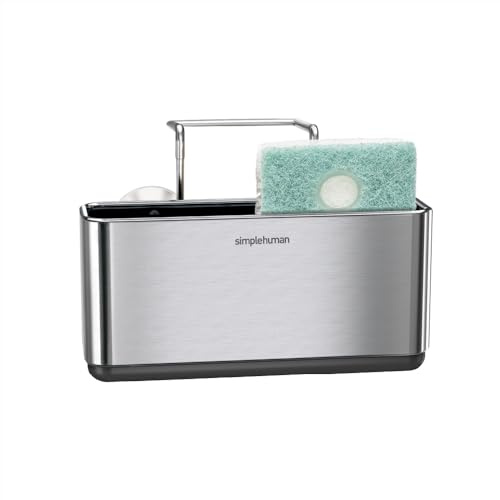 simplehuman KT1134 smal diskbänk caddie organiseringshållare prydlig, med sugkoppar, trådhängare, svampförvaring, rostfri, borstat rostfritt stål