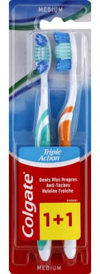COLGATE - Brosse à Dents Triple Action Medium - Favorise une Bonne Santé Bucco-Dentaire - Atteint les Zones Difficiles d'Accès, Enlève les Taches, Élimine les bactéries - Lot de 2 Brosses à Dents