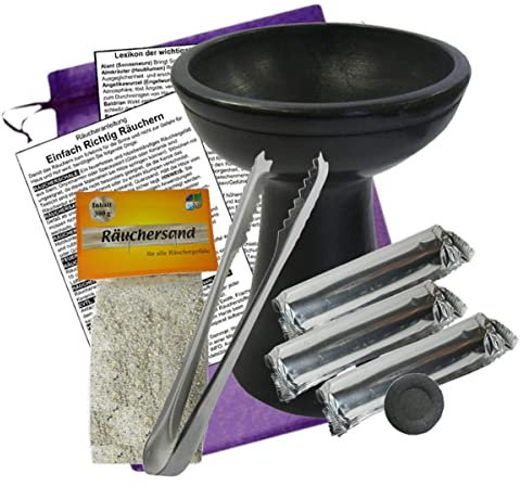 Räuchern Set 9-TLG Starter-Set für jedes Räucherwerk mit XXL RÄUCHERKELCH, RÄUCHERZANGE, RÄUCHERKOHLE 30x räuchern, Anleitung, Lexikon der Räucherstoffe, Zubehör, Täschchen 81000