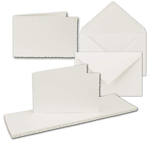 25x Vintage Faltkarten-Set mit Zackenschnitt Querdoppelt - Natur-Weiß - Edel-Bütten Karten mit Umschläge - DIN A6-10 x 15 cm - imitierter Büttenrand - by GUSTAV NEUSER®