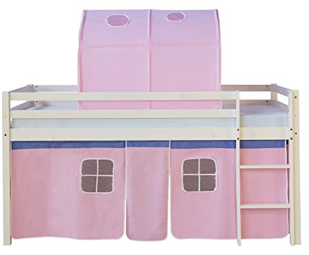 Homestyle4u Kinderbett 90x200 Weiß - Hochbett aus Kiefer Massivholz | Kinderhochbett mit Treppe, Absturzsicherung, Spielbett-Vorhang und Tunnel in Rosa, stabiles Bettgestell aus Vollholz