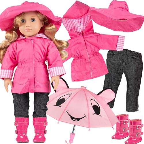 6pc Spring Rainy Day 18 Doll Outfit- Compatible with American Girl- Premium Clothes & Accessories Set Includes Raincoat, Working Umbrella, Rain Boots, Hat, Pants & Shirt- Easter Basket Stuffer