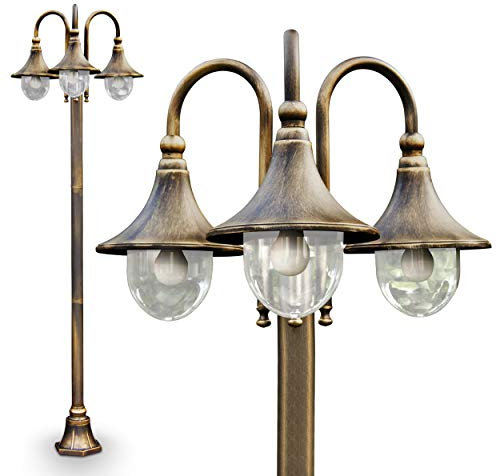 Lampada da esterno Elgin, candelabro in stile antico, in metallo color oro/marrone, luce da sentiero a 3 bracci da 225 cm, lampada da giardino retrò/vintage, attacco E27, IP44, senza lampadina/e