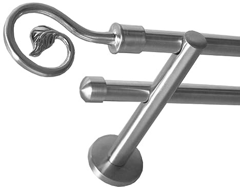 BASIT Gardinenstange Edelstahllook 16mm 2-läufig Wand 320cm lang H22 | Gardinenstangenset doppelläufig Wandmontage Metall Vorhangstange Wandhalterung 120-600cm wählbar Kappe Blatt E20