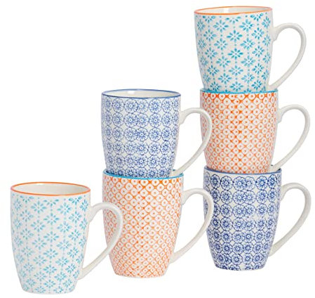 Nicola Spring Hand-Printed Mug - 330ml - Navy, Orange & Blue - Pack of 6 - Porcelain Hot Chocolate Cups Tea & Coffee Mugs for Kitchens, Cafes & Restaurants