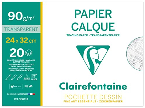 Clairefontaine 96873C - Mappe Transparentpapier DIN A4+ 24 x 32 cm, 90g, 20 Blatt, ideal für technische Zeichnen und Entwürfe, 1 Mappe