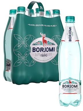 BORJOMI Sparkling Natural Mineral Water, with Natural Gut-Healthy Minerals, Naturally Alkaline, Crispy and Bold Taste, PET Bottles, 25.3 fl oz, 6 Pack