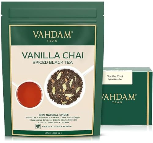 VAHDAM, Te Chai alla Vaniglia (100g, 100+ Tazze) Te Masala Chai in Foglie e Vaniglia, Perfetto per Chai Latte, da Preparare Caldo o Freddo