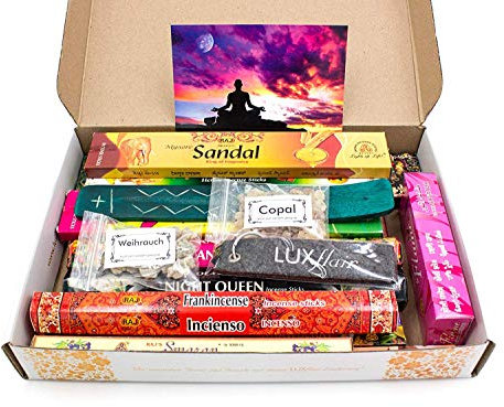 XXL Premium Räucherstäbchen Probierset (183 Teile), zur Meditation und Entspannung, inkl. Räucherstäbchen Halter und Weihrauch, indische Räucherstäbchen in unterschiedlichen Sorten (z.B. Nag Champa, Sandelholz, Vanille, Opium, Lotus, Eukalyptus, Zimt)