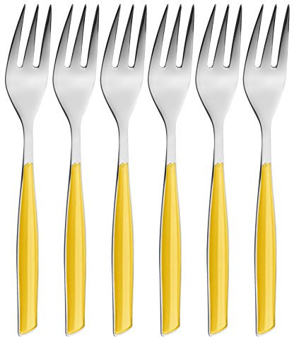 BUGATTI, Glamour, Set 6 Forchettine da Dolce in Acciaio Inox 18/10 e Manico Colore Giallo, Confezionato in Scatola Regalo, Lavabili in Lavastoviglie
