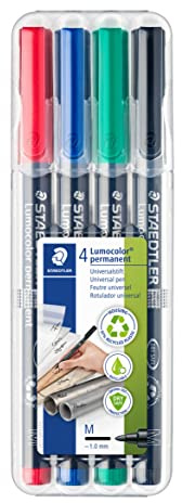 Staedtler Lumocolor 317, Feutres permanents à pointe moyenne pour toutes les surfaces, Sans xylène ni toluène, Set de 4 couleurs lumineuses, Pointe ogive de 1.0 mm, 317 WP4
