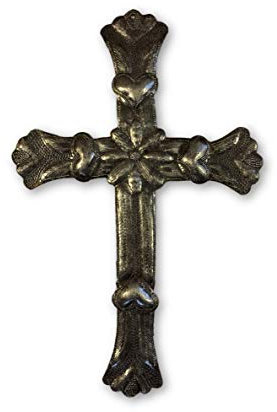 Großes Wandkreuz mit Blumen und Herzen Haiti, Metall, 20,3 x 31 cm
