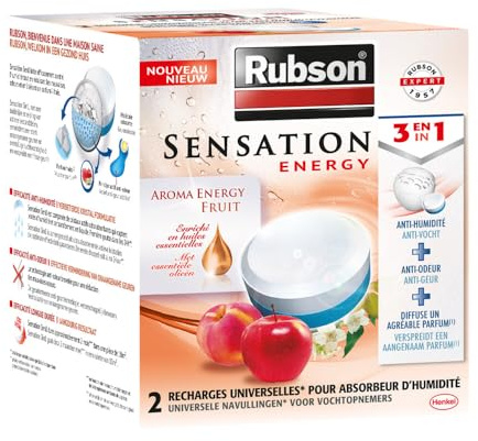 Rubson Sensation Relax Recharges universelles pour absorbeur d'humidité parfum Fruité (2 x 300 g) – Recharges 3 en 1 anti-humidité, anti-odeur et agréable parfum